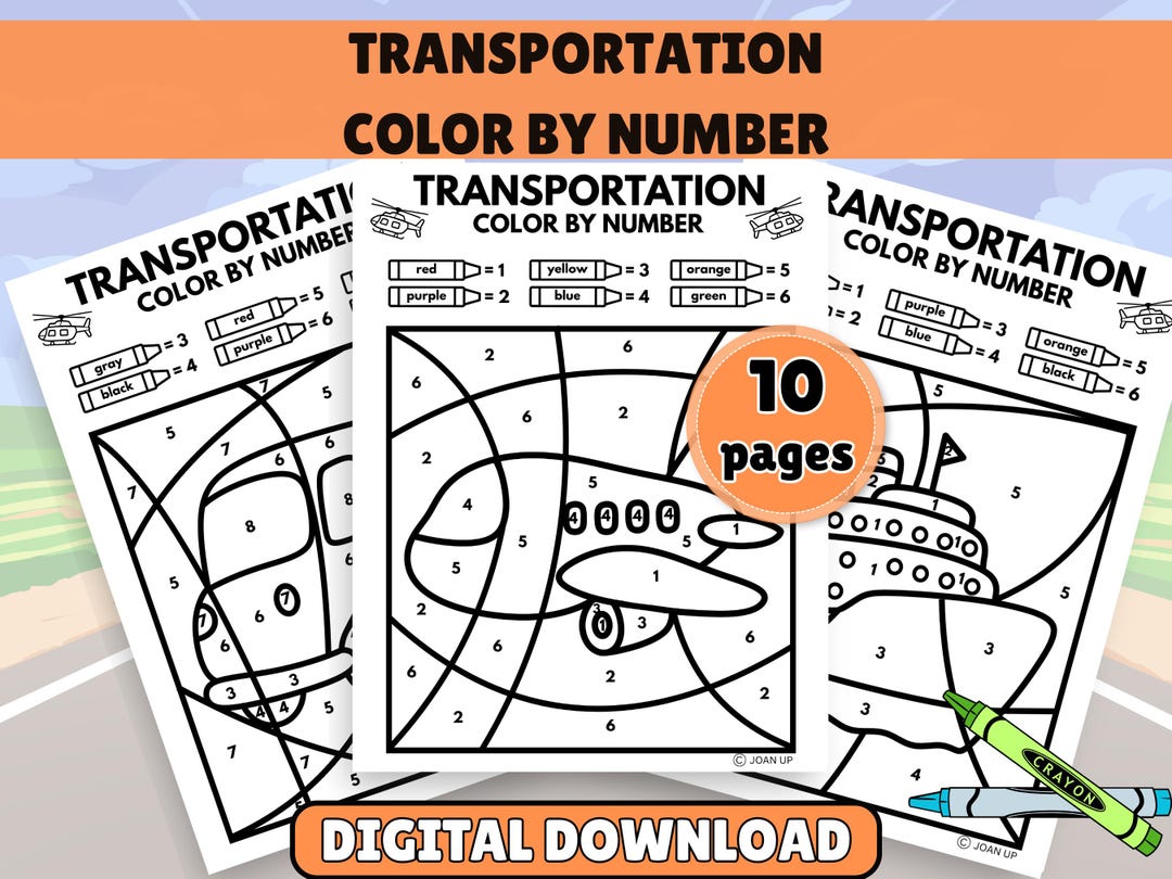 Transportation Color by Number, Vehicle Coloring Pages, Preschool ...