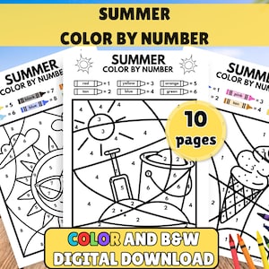 May include: Three printable "Summer Color by Number" pages with sun, ice cream, and beach bucket designs. The pages include color keys and the text "Color and B&W Digital Download". A yellow circle reads "10 pages".