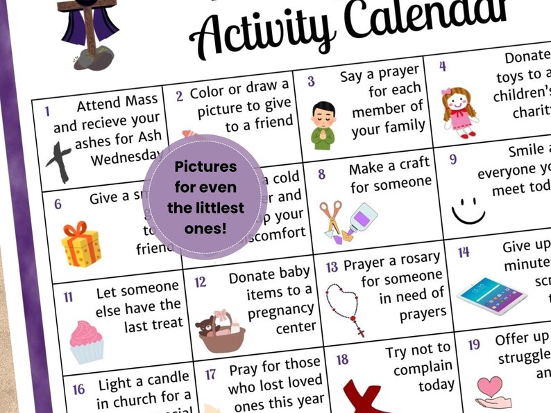 40 Days of Lent Catholic Activity Calendar for Kids, Ash Wednesday Lent ...