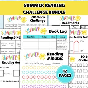 May include: A bundle of summer-themed reading challenge printables. Includes a 100-book challenge, bookmarks, a book log, reading bingo, reading goal trackers, and a 50-book challenge. The pages feature colorful designs with a sun and the words "Summer Reading Challenge".