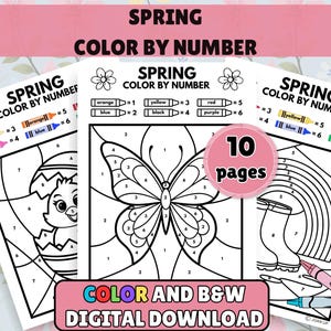 May include: Three spring-themed color-by-number pages with a chick hatching, a butterfly, and rain boots. The pages are labeled "Spring Color by Number" and "Color and B&W Digital Download". A pink crayon and colored pencils are included.