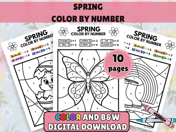 Spring Color by Number, Kids Easy Coloring Pages, Preschool kindergarten Easter coloring sheets, Printable Activities, Early finisher