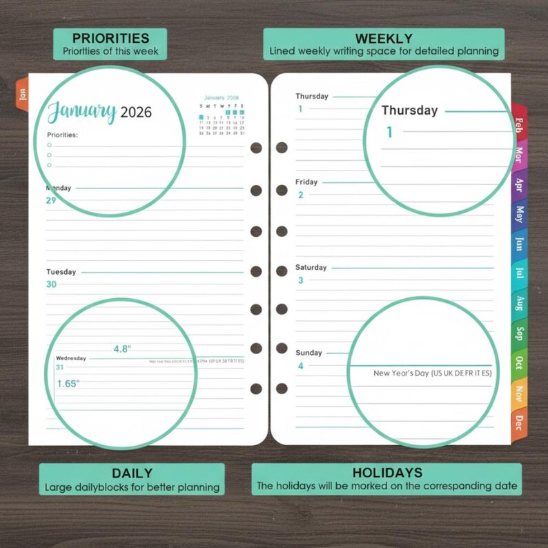 2026 Planner Refills - 7 Punched Holes 2026 Weekly Monthly Planner ...