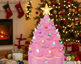 Small Pink Christmas Tree Lamp • USB Rechargeable Night Light • Vintage Resin Xmas Decor • Dimmable Touch LED Table Ornament