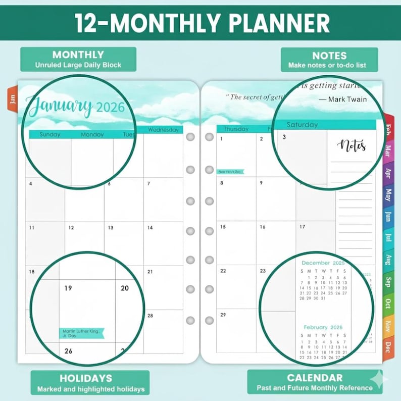2026 Planner Refills - 7-hole Punched Planner With Colorful Tabs, JAN ...