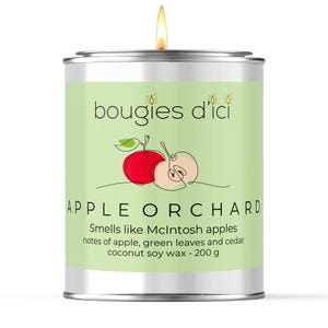 May include: A silver metal candle tin with a light green label featuring a line art illustration of two apples. The text reads bougies d'ici, APPLE ORCHARD, Smells like McIntosh apples, notes of apple, green leaves and cedar, coconut soy wax - 200 g.