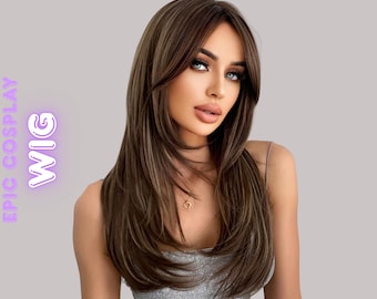 Brown Highlight Layered Long Wig Natural Straight Women Wig
