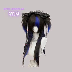 May include: A black and blue cosplay wig displayed on a mannequin head. The wig features long, layered black hair with blue highlights and bangs. The text "EPIC COSPLAY WIG" is in the upper left corner. A black lace headpiece is on top.