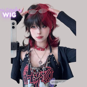 Svartröd Layered Cosplay Peruk – Punk Anime Peruk för Yandere, Visual Kei