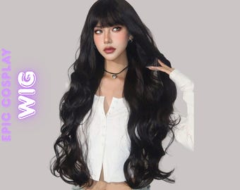 Long Black Wavy Wig With Bangs Natural Voluminous Hair Wig