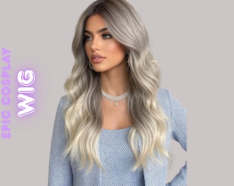 Peluca larga ondulada ombre rubio ceniza look natural mujer