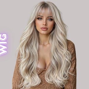 May include: A long, wavy blonde wig with bangs. The wig is styled with voluminous curls and a natural-looking hairline. The text "WIG" is displayed in a purple neon font, with the words "EPIC COSPLAY" on the left side.