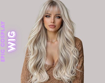 Peluca Rubia Platino Larga Ondulada Con Flequillo Natural