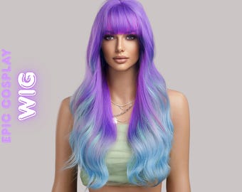 Rainbow Pastel Wig Long Wavy Pink Purple Blue Women Wig