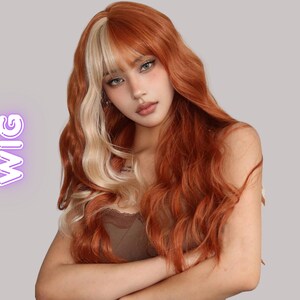 Orange Blonde Split Wig Long Wavy Hair With Bangs Women