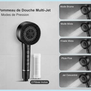 Puede incluir: Un cabezal de ducha multichorro negro con cuatro modos de presión, incluyendo niebla, mixto, mixto fijo, lluvia fina y chorro concentrado. La imagen también muestra dos filtros incluidos. El texto en la imagen dice "Pommeau de Douche Multi-Jet 4 Modes de Pression".