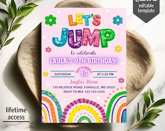 Editable Jump invite, Trampoline Birthday invitation, boy girl birthday, electronic invitation, Jump Phone Invite template, Play Party
