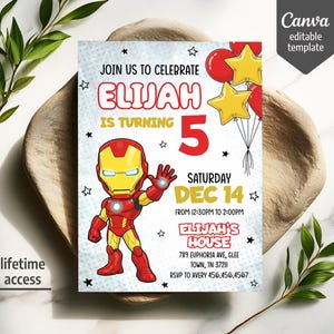 Puede incluir: Una tarjeta de invitaci&oacute;n de cumplea&ntilde;os con un personaje de Iron Man en dibujos animados, globos rojos y amarillos y estrellas sobre un fondo azul claro. El texto dice: JOIN US TO CELEBRATE ELIJAH IS TURNING 5, SATURDAY DEC 14, 12:30PM TO 2:00PM.