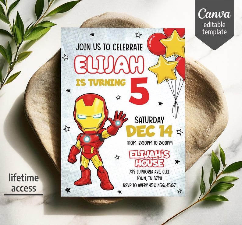 Puede incluir: Una tarjeta de invitaci&oacute;n de cumplea&ntilde;os con un personaje de Iron Man en dibujos animados, globos rojos y amarillos y estrellas sobre un fondo azul claro. El texto dice: JOIN US TO CELEBRATE ELIJAH IS TURNING 5, SATURDAY DEC 14, 12:30PM TO 2:00PM.