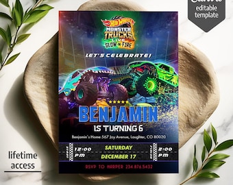 Printable Cars birthday invitation, Hot Racing invite, Wheels invitation, boy birthday party invitation template, Monster Truck evite