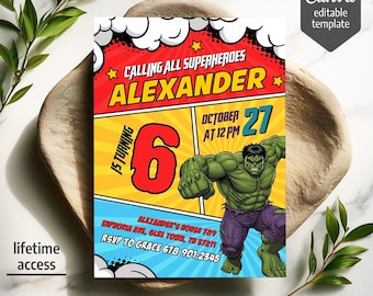 Printable boy birthday invitation, Superhero birthday invite, Incredible Hulk editable invitation, Avengers Birthday Party