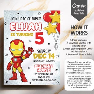 Puede incluir: Una plantilla de invitaci&oacute;n de cumplea&ntilde;os con un personaje de dibujos animados de Iron Man, globos rojos y amarillos y estrellas. El texto dice: JOIN US TO CELEBRATE ELIJAH IS TURNING 5 SATURDAY DEC 14 FROM 12:30PM TO 2:00PM ELIJAH'S HOUSE 789 EUPHORIA AVE.