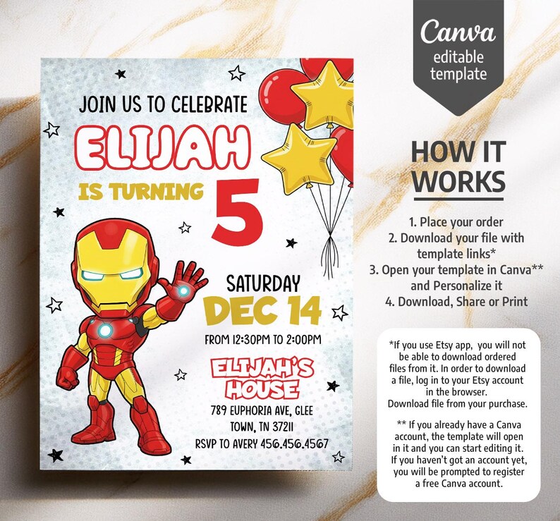 Puede incluir: Una plantilla de invitaci&oacute;n de cumplea&ntilde;os con un personaje de dibujos animados de Iron Man, globos rojos y amarillos y estrellas. El texto dice: JOIN US TO CELEBRATE ELIJAH IS TURNING 5 SATURDAY DEC 14 FROM 12:30PM TO 2:00PM ELIJAH'S HOUSE 789 EUPHORIA AVE.