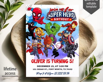 Printable boy birthday invite, Super Hero editable party invitation, Spiderman, Hulk, Captain America invite template, Avengers invitation