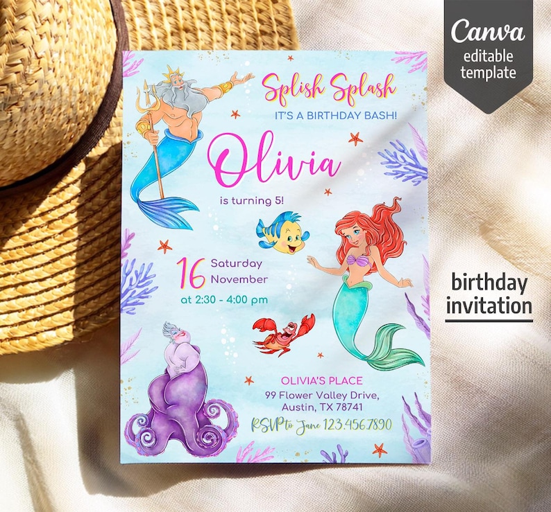 Princess Ariel birthday invitation, girl editable invite template, Little Mermaid printable invitation, Under Sea party, instant download bild 4