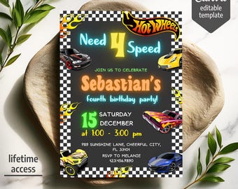 Cars birthday invitation, Hot Racing invite, Wheels invitation, boy fourth birthday party invitation template, NFS printable editable evite