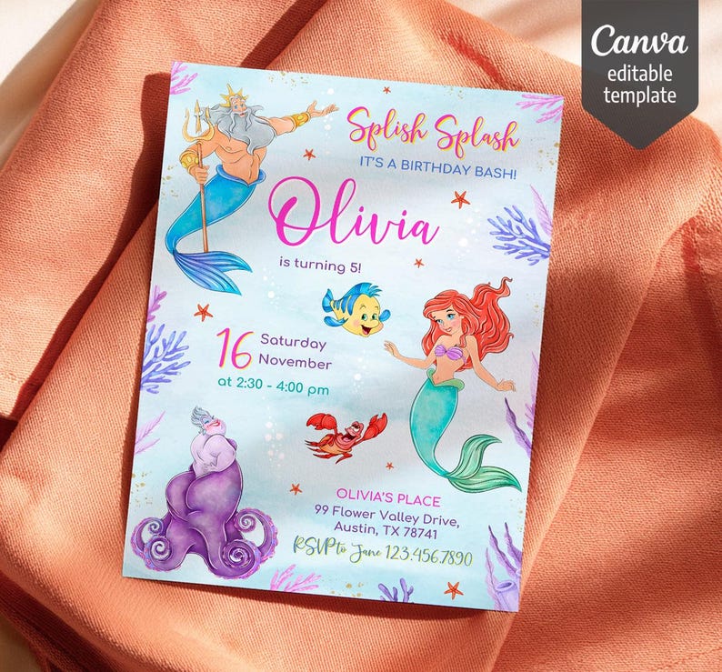 Princess Ariel birthday invitation, girl editable invite template, Little Mermaid printable invitation, Under Sea party, instant download bild 2