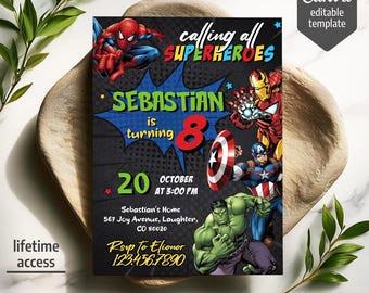 Printable boy birthday invite, Super Hero editable party invitation, Spiderman, Hulk, Captain America invite template, Avengers invitation