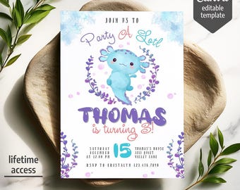 Axolotl Birthday Invitation, Boy blue Birthday Party Invite, Kawaii cute Axolotl Invites, Alotl Fun Invitation