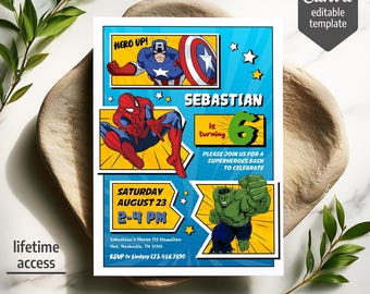 Printable boy birthday invite, Super Hero editable party invitation, Spiderman, Hulk, Captain America invite template, Avengers invitation