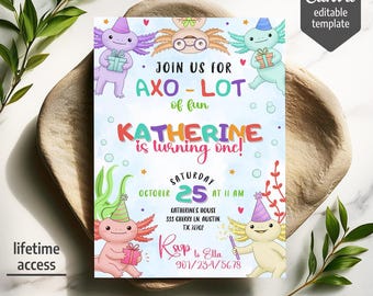 Axolotl Birthday Invitation, Boy Girl Birthday Party Invite, Kawaii cute Axolotl Invites, Alotl Fun Invitation