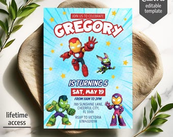 Iron Man Awesome Friends birthday invitation, kids superhero party invite, printable editable Marvel boy party template, Ironheart bday