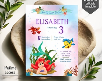 Princess Ariel birthday invitation, girl editable invite template, Little Mermaid printable invitation, Under Sea party, instant download