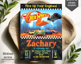 Cars birthday invitation, Hot Racing invite, Wheels invitation, boy birthday party invitation template, printable editable evite