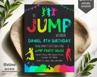 Editable Jump invite, Trampoline Birthday invitation, boy girl birthday, electronic invitation, Jump Phone Invite template, Play Party