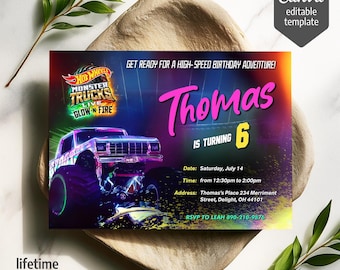 Printable Cars birthday invitation, Hot Racing invite, Wheels invitation, boy birthday party invitation template, Monster Truck evite