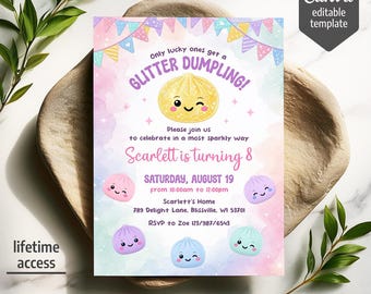 Glitter Dumpling birthday invitation, kawaii cute dumpling party invite, printable editable sparkle party template, girl bday