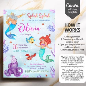Princess Ariel birthday invitation, girl editable invite template, Little Mermaid printable invitation, Under Sea party, instant download bild 5
