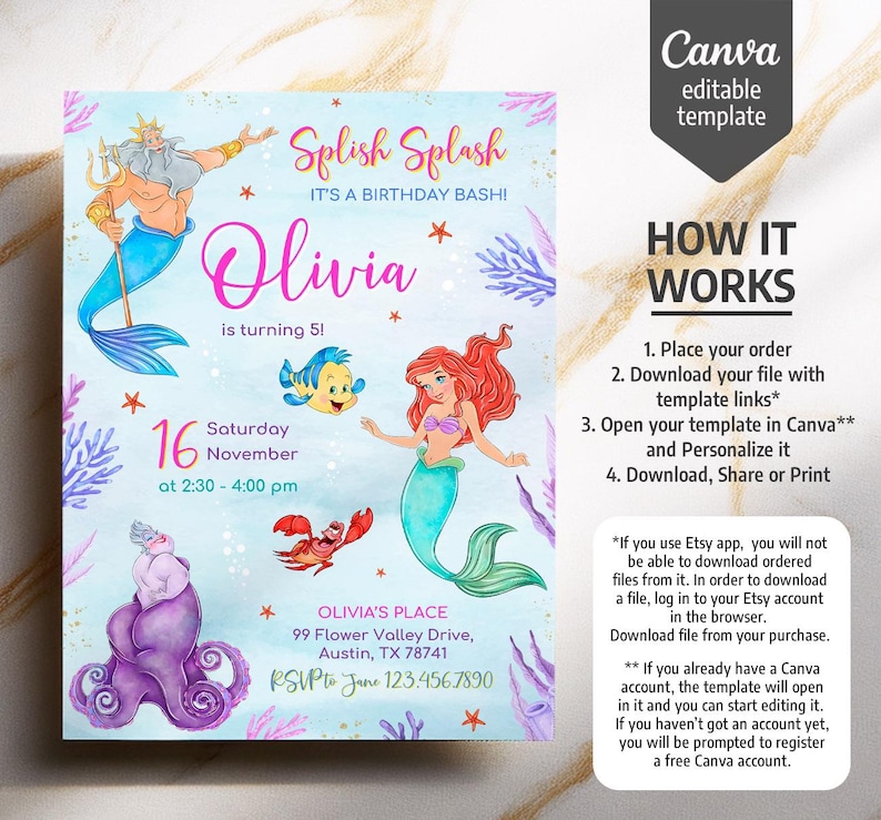 Princess Ariel birthday invitation, girl editable invite template, Little Mermaid printable invitation, Under Sea party, instant download bild 5