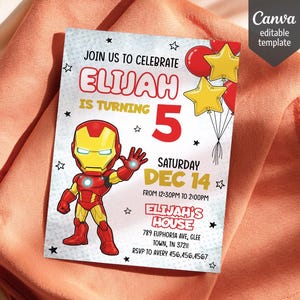 Puede incluir: Una tarjeta de invitaci&oacute;n de cumplea&ntilde;os rectangular con un personaje de Iron Man, globos rojos y amarillos y estrellas negras. El texto dice: JOIN US TO CELEBRATE ELIJAH IS TURNING 5 SATURDAY DEC 14 FROM 12:30PM TO 2:00PM ELIJAH'S HOUSE 789 EUPHORIA AVE, GLEE TOWN, TN 37211 RSVP TO AVERY 456.456.4567.