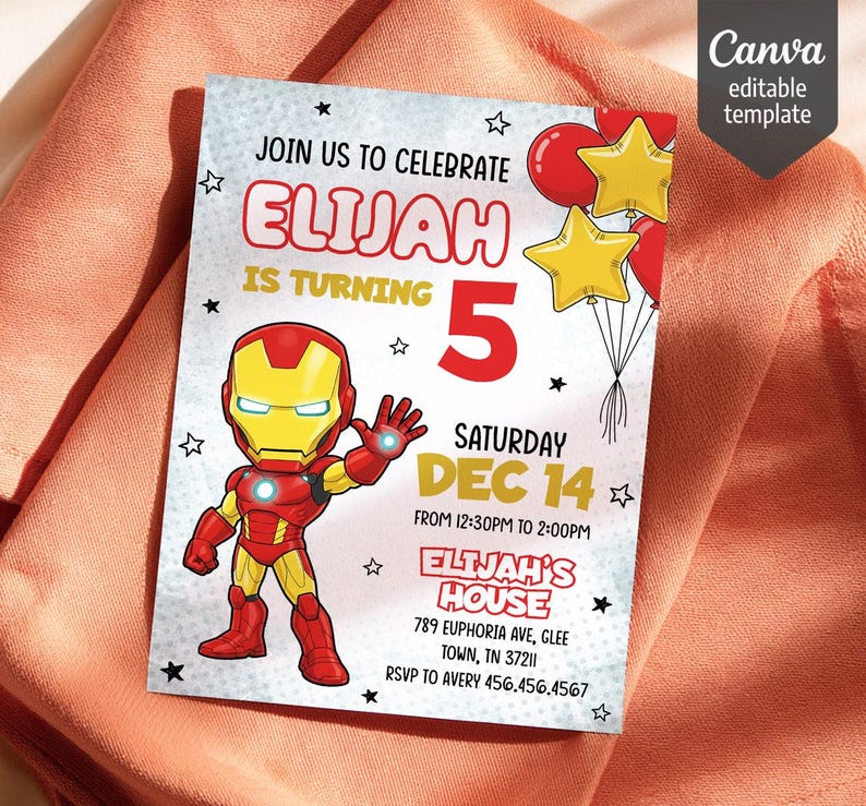 Puede incluir: Una tarjeta de invitaci&oacute;n de cumplea&ntilde;os rectangular con un personaje de Iron Man, globos rojos y amarillos y estrellas negras. El texto dice: JOIN US TO CELEBRATE ELIJAH IS TURNING 5 SATURDAY DEC 14 FROM 12:30PM TO 2:00PM ELIJAH'S HOUSE 789 EUPHORIA AVE, GLEE TOWN, TN 37211 RSVP TO AVERY 456.456.4567.