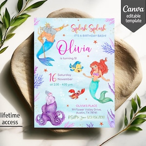 Princess Ariel birthday invitation, girl editable invite template, Little Mermaid printable invitation, Under Sea party, instant download bild 1
