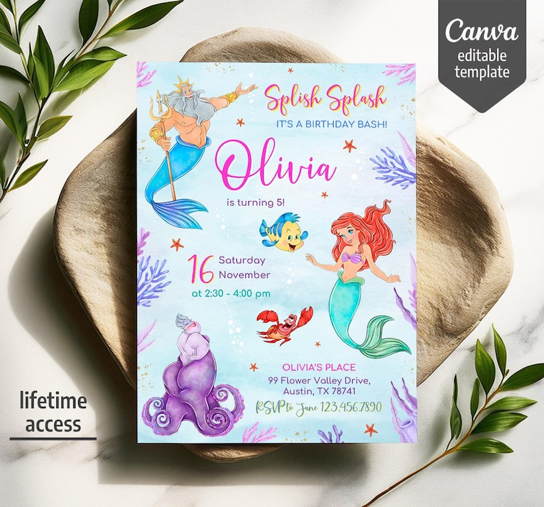 Princess Ariel birthday invitation, girl editable invite template, Little Mermaid printable invitation, Under Sea party, instant download bild 1