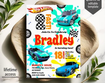 Cars birthday invitation, hot racing invite, wheels invitation, boy second birthday party invitation template, two fast two furious invite