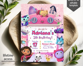 Invitación imprimible para casa de muñecas, invitación de cumpleaños editable, invitación para fiesta de muñecas, plantilla de invitación de cumpleaños para niña, invitación de gatito