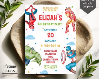 Printable boy birthday invite, Super Hero editable party invitation, Spiderman, Hulk, Captain America invite template, Avengers invitation